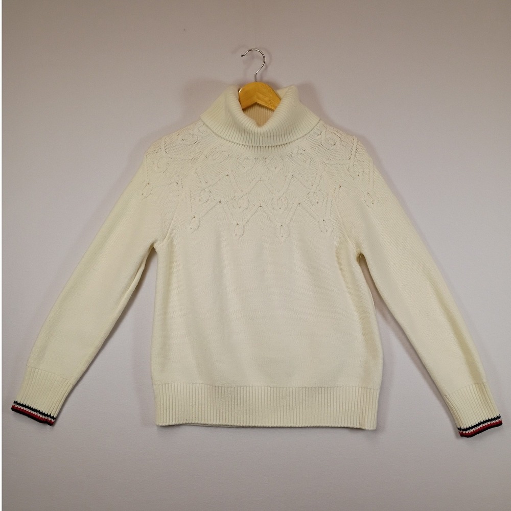 Preppy Tommy Hilfiger Womens S Ivory Pointelle Yoke Turtleneck Sweater Striped